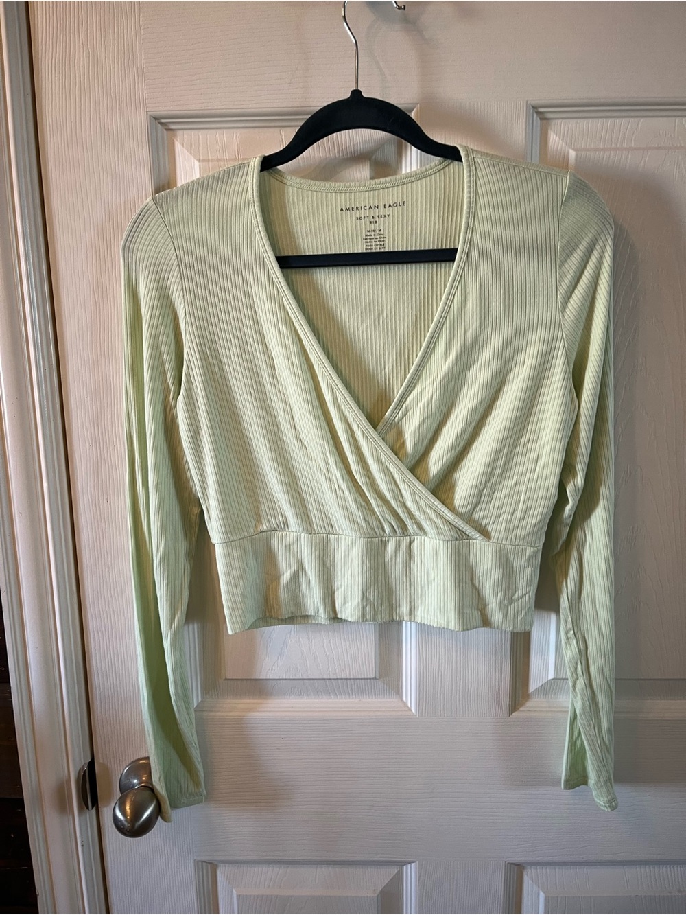 American Eagle Women’s Balletcore Light Green Ribbed Wrap Crop Top, Med